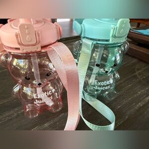 Kawaii Bear kids Water Bottles set of 2  with Straps - Pink and Mint green